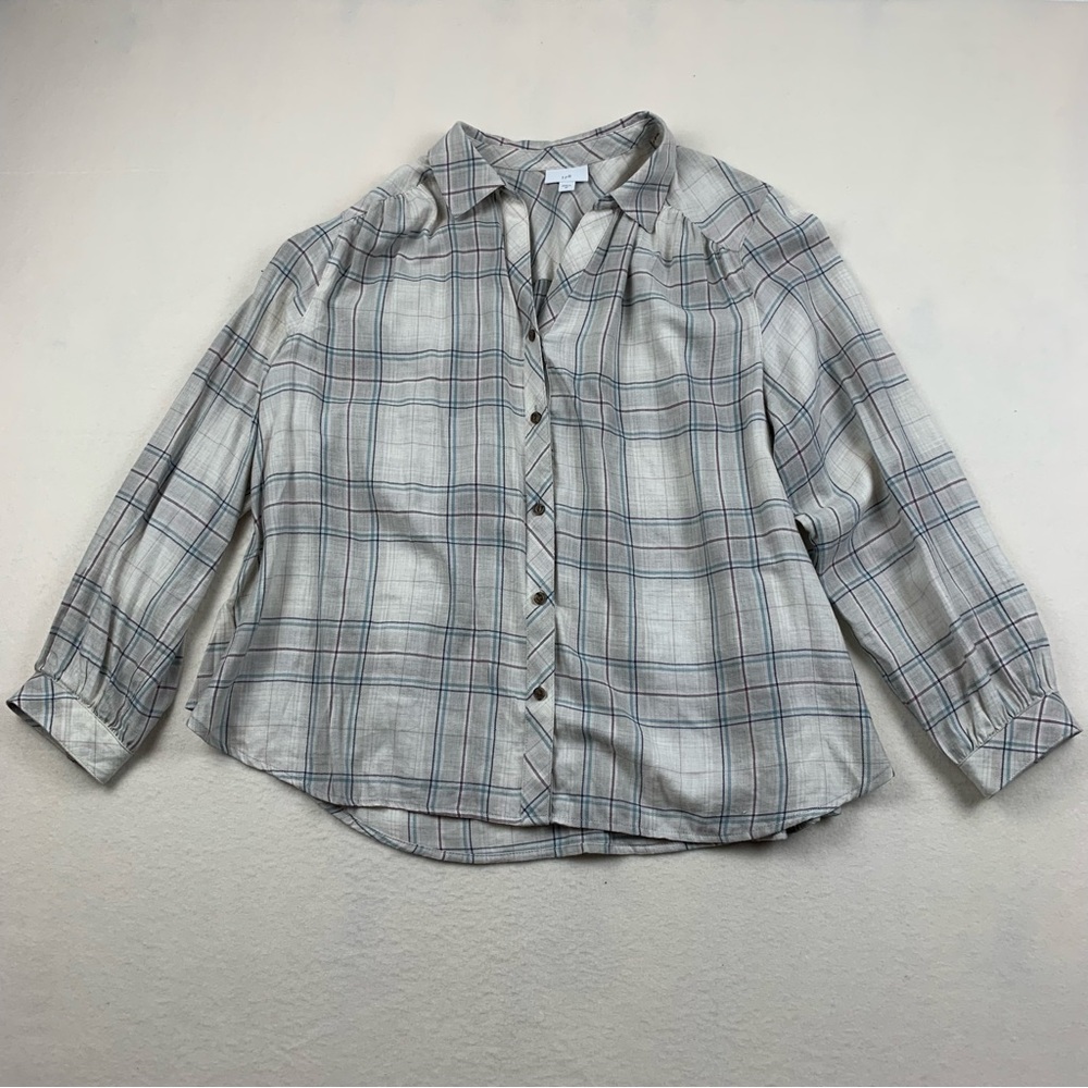 J Jill Shirt Women 2X‎ Gray Plaid Collared Button Up Long Sleeve Cotton Blend